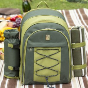 ALLCAMP 2 Person Blue Picnic Backpack Hamper with Cooler Compartment includes Tableware & Fleece Blanket (green)