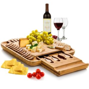 Best Gift Ideas for Men on Father's Day - Bamboo Cheese Board with Cutlery Set, Wood Charcuterie Platter and Serving Meat Board with Slide