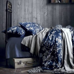 Good Gift Ideas for Mom - Eastern Floral Chinoiserie Blossom Print Duvet Quilt Cover Navy Blue Tan White Asian Style Botanical