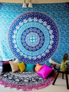 Hippie Elephant Mandala Tapestry Wall Hanging, Blue Bohemian Art , College Dorm Room Accessories Boho Bed Cover