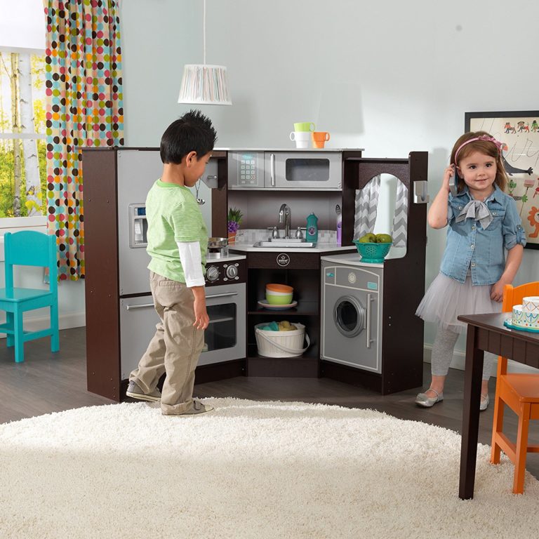 kitchen toys for girls - KidKraft Ultimate Corner Play Kitchen with Lights & Sounds, Brown-White