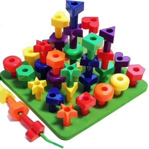 Lacing Shapes and Colors Pegboard Building Puzzle Set with Pattern Card, Bonus Travel Backpack