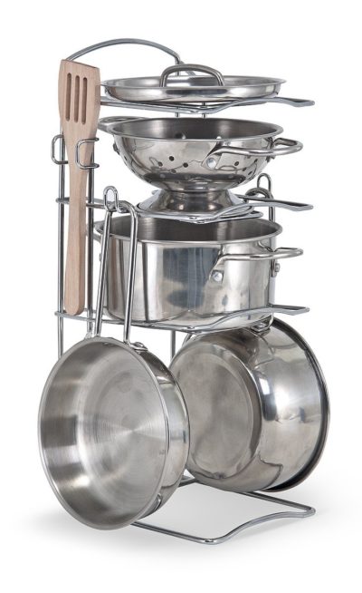 cooking toys for girls - Melissa & Doug Stainless Steel Pots and Pans Pretend Play Kitchen Set for Kids (8 pcs)