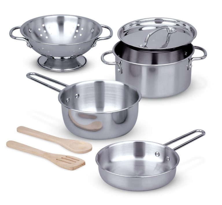cooking toys for girls - Melissa & Doug Stainless Steel Pots and Pans Pretend Play Kitchen Set for Kids (8 pcs)