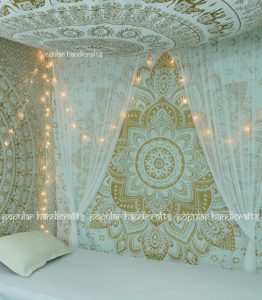 Popular Handicrafts Kp715 The Passion Gold Ombre Tapestry Indian Mandala Wall Art, Hippie Wall Hanging, Bohemian Bedspread (140x215cms) Gold on White