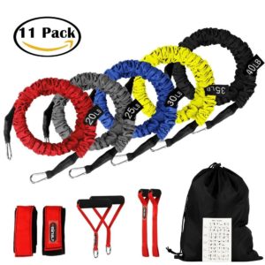 Resistance Bands, 11 Pieces Exercise Elastic Bands Set, 20lbs To 40lbs Resistance Tubes With Heavy Duty Protective Nylon Sleeves Anti-Snap - 5 Bands Door Anchors Ankle Strap Handles Bag
