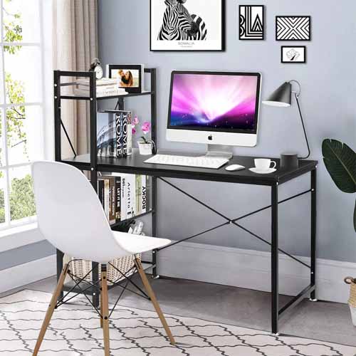 Tangkula 47.5 inComputer Desk, Modern Style Writing Study Table with 4 Tier Bookshelves, Home Office Desk, Compact Gaming Desk, Multipurpose PC Workstation(Black)